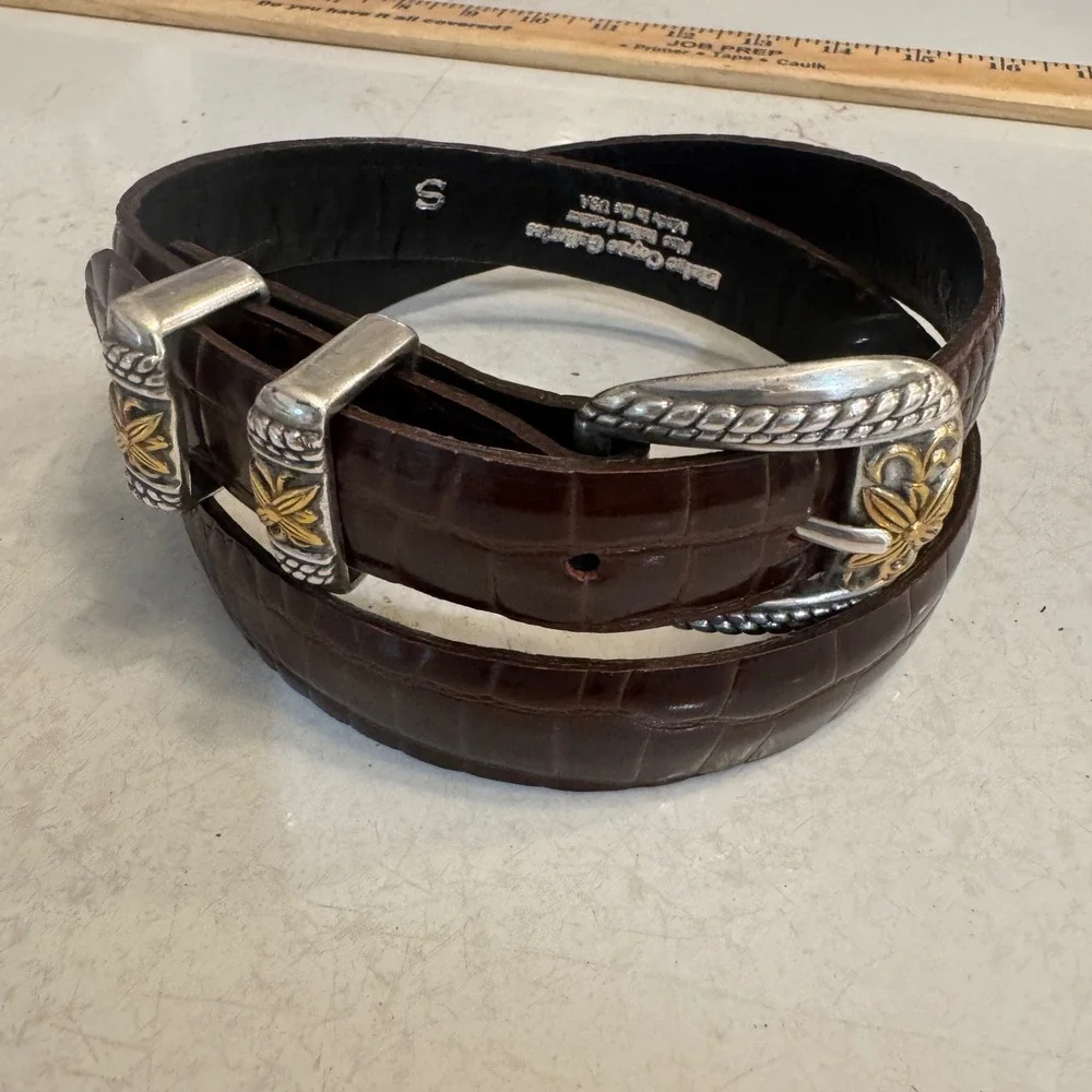 Elaine Coyne Galleries Belt Womens Small Brown Croc Leather Mixed Metal Floral